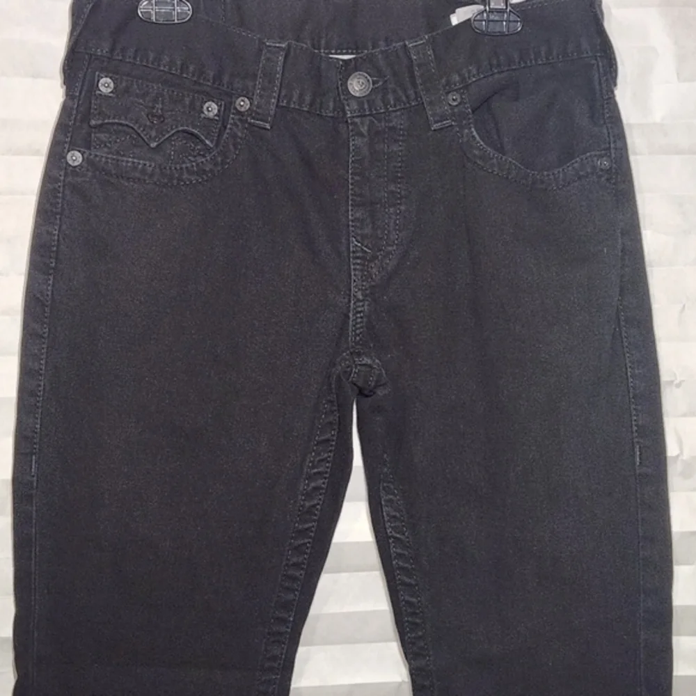 True Religion Ricky Straight Denim Jeans Jet‎ Black w/Flaps 32x35 Super T Stitch